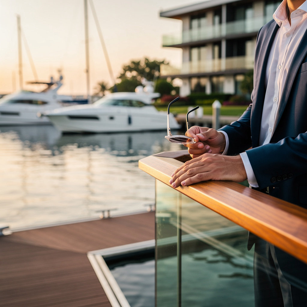 Pure Vision Facilities Management Villa Del Mar waterfront apartment community with marina access and resident enjoying coastal lifestyle